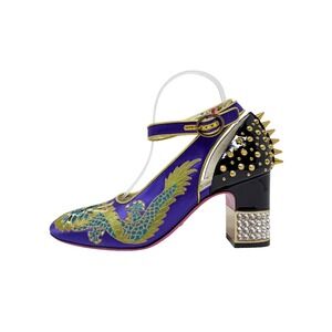 Gucci Purple Dragon Embroidered Mary Jane Heels Spiked Block Crystal 37 FW 2017